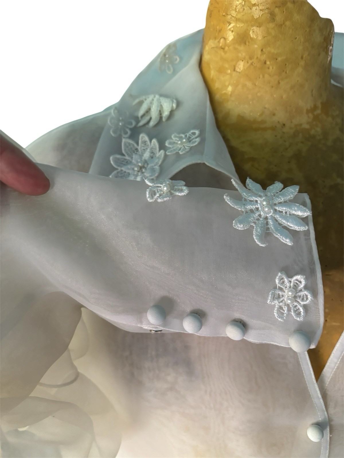 Vintage Sheer White Blouse Couture lStatement Floral Appliqué Long Sleeve