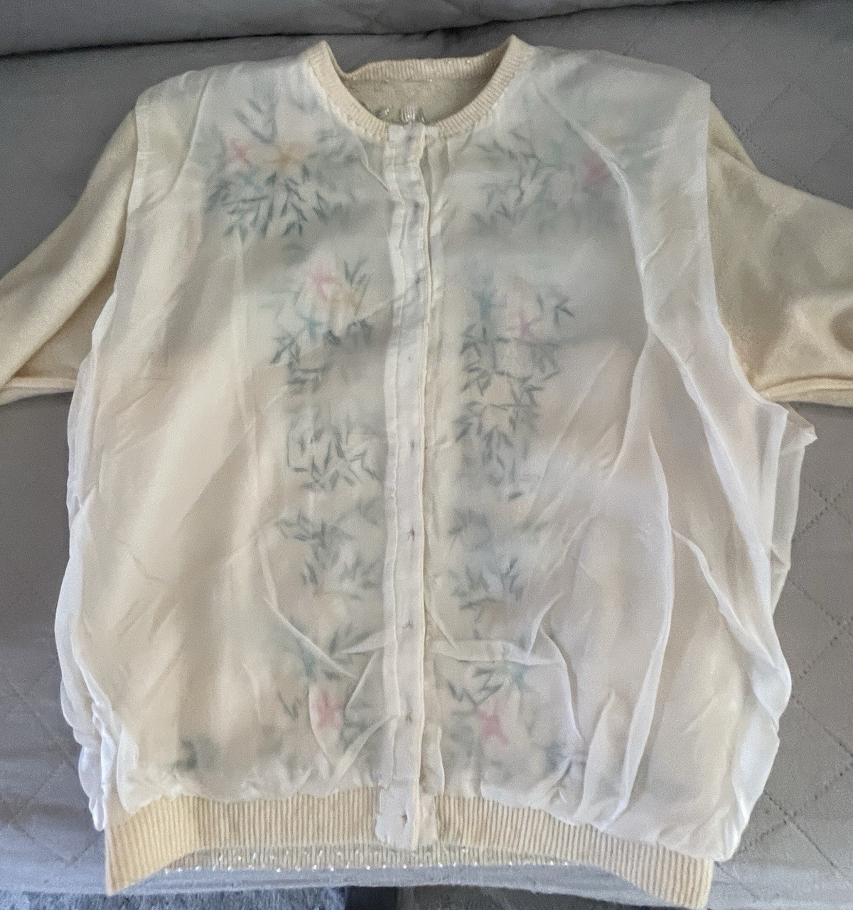 Vintage 50s Cardigan Sweater Dainty Floral Beaded Size 38 Medium