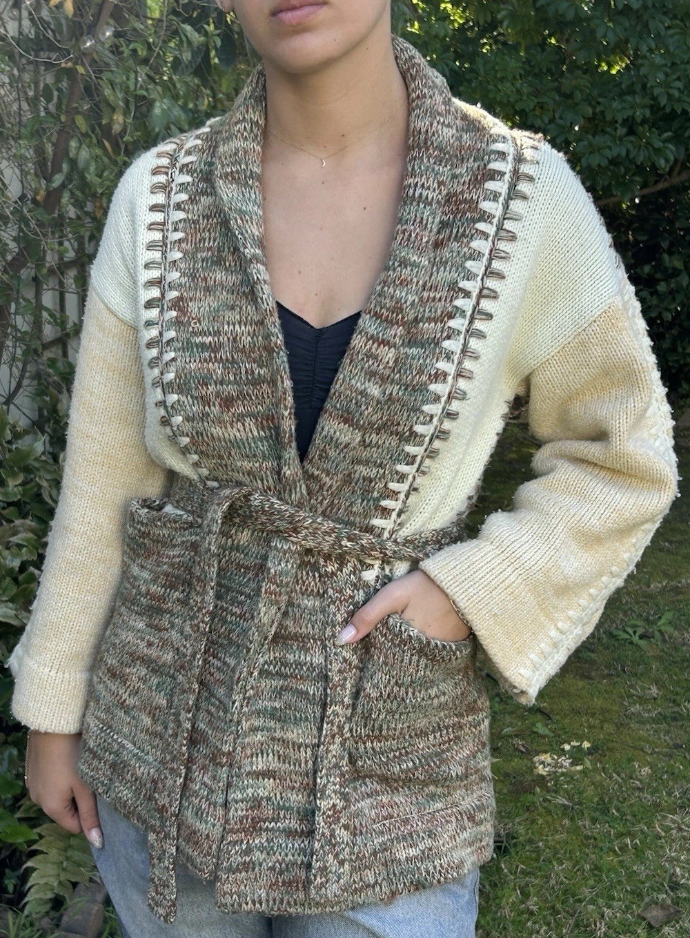 Vintage 70s Sirocco M Cotton Blend Heavy Knit Wrap Cardigan Sweater Boho Hippie