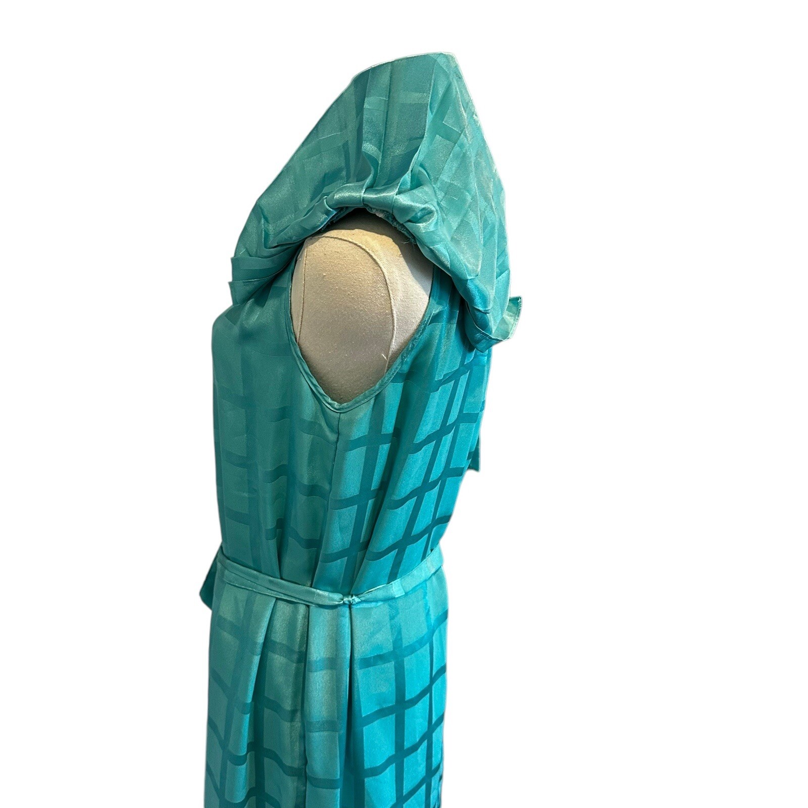 Vintage Teal Blue Windowpane Satin Midi Dress Pleated Flutter Sleeve Belted M