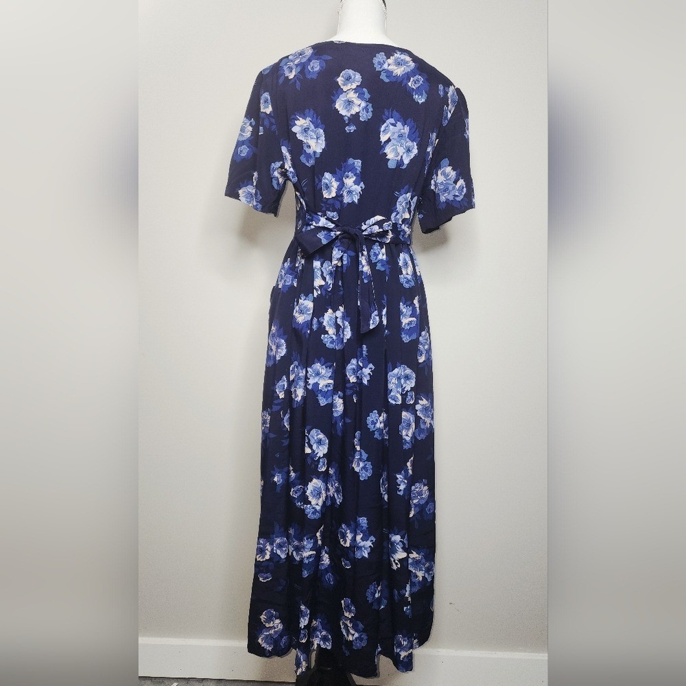 Vintage Erika 90s Blue Floral Midi Dress Tieback Cottagecore Rayon M