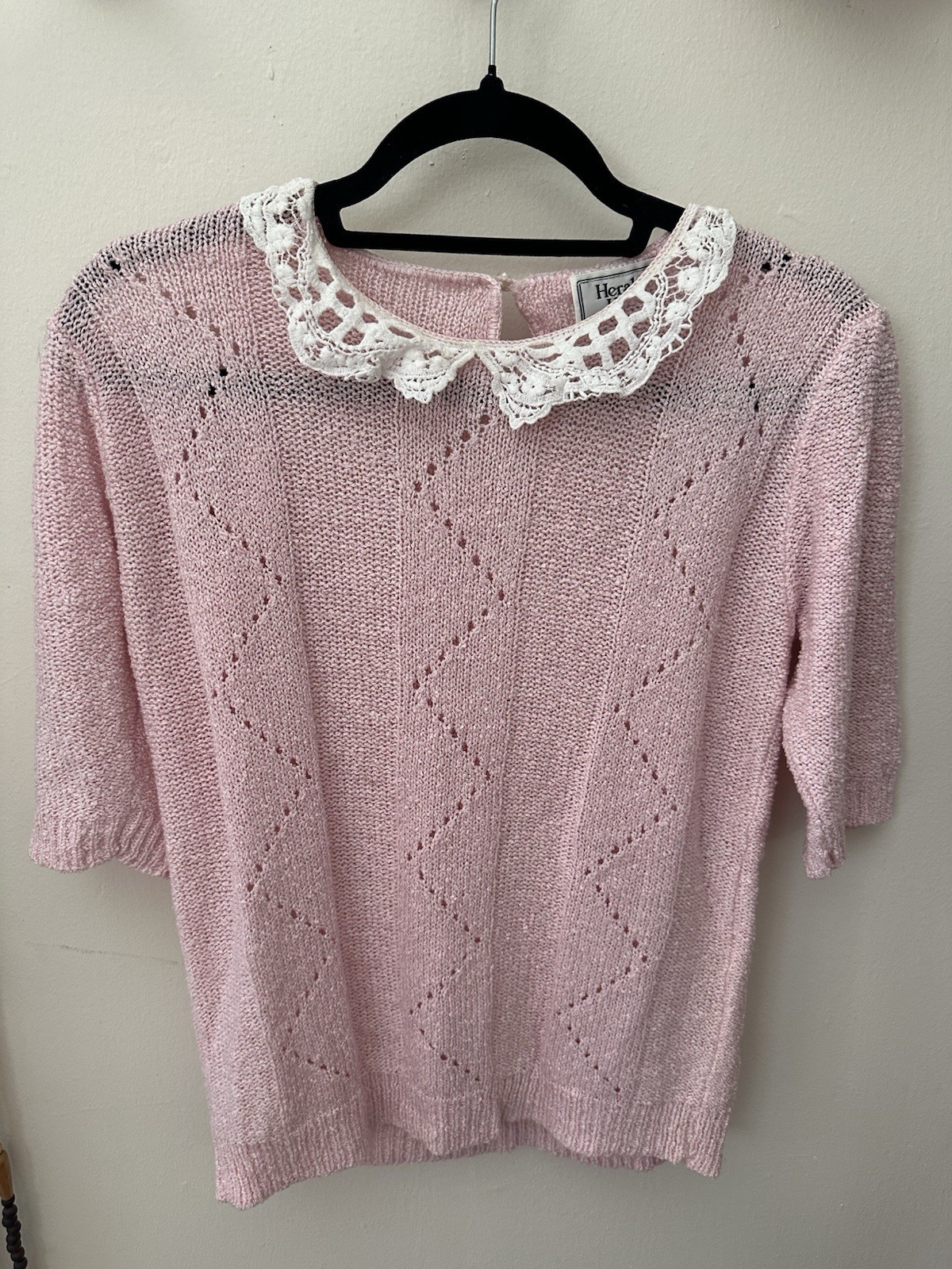 Vintage Coquette Fairy Cottage Granny Ballet Pink Lace Collar Sweater Blouse