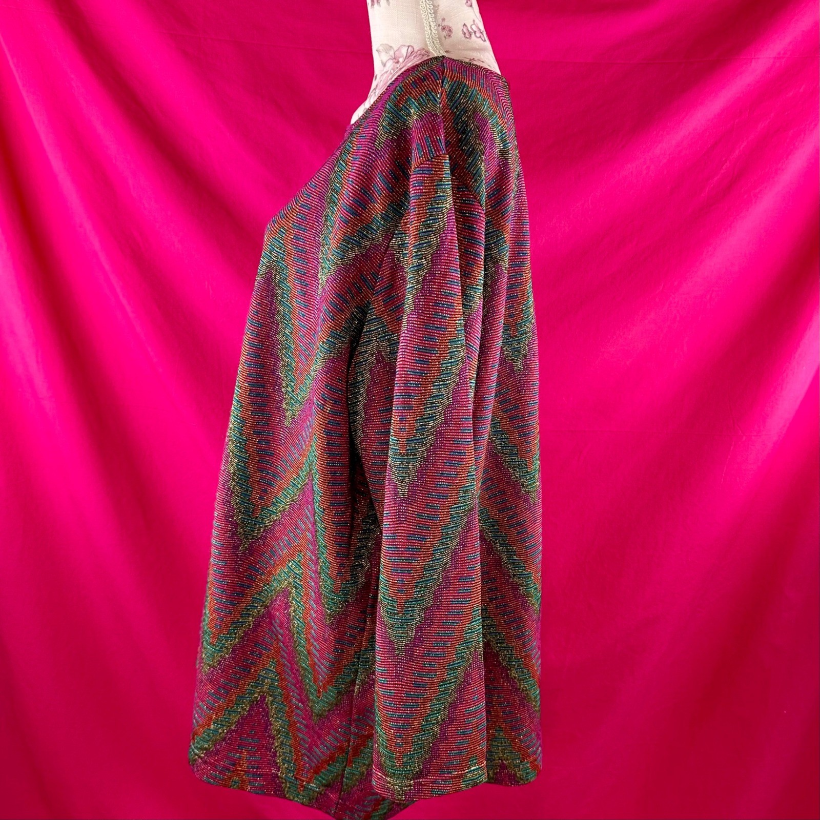 Metallic Vintage 80s 90s Chevron Knit Tunic Top Pink Sparkle 3X Holiday Glam