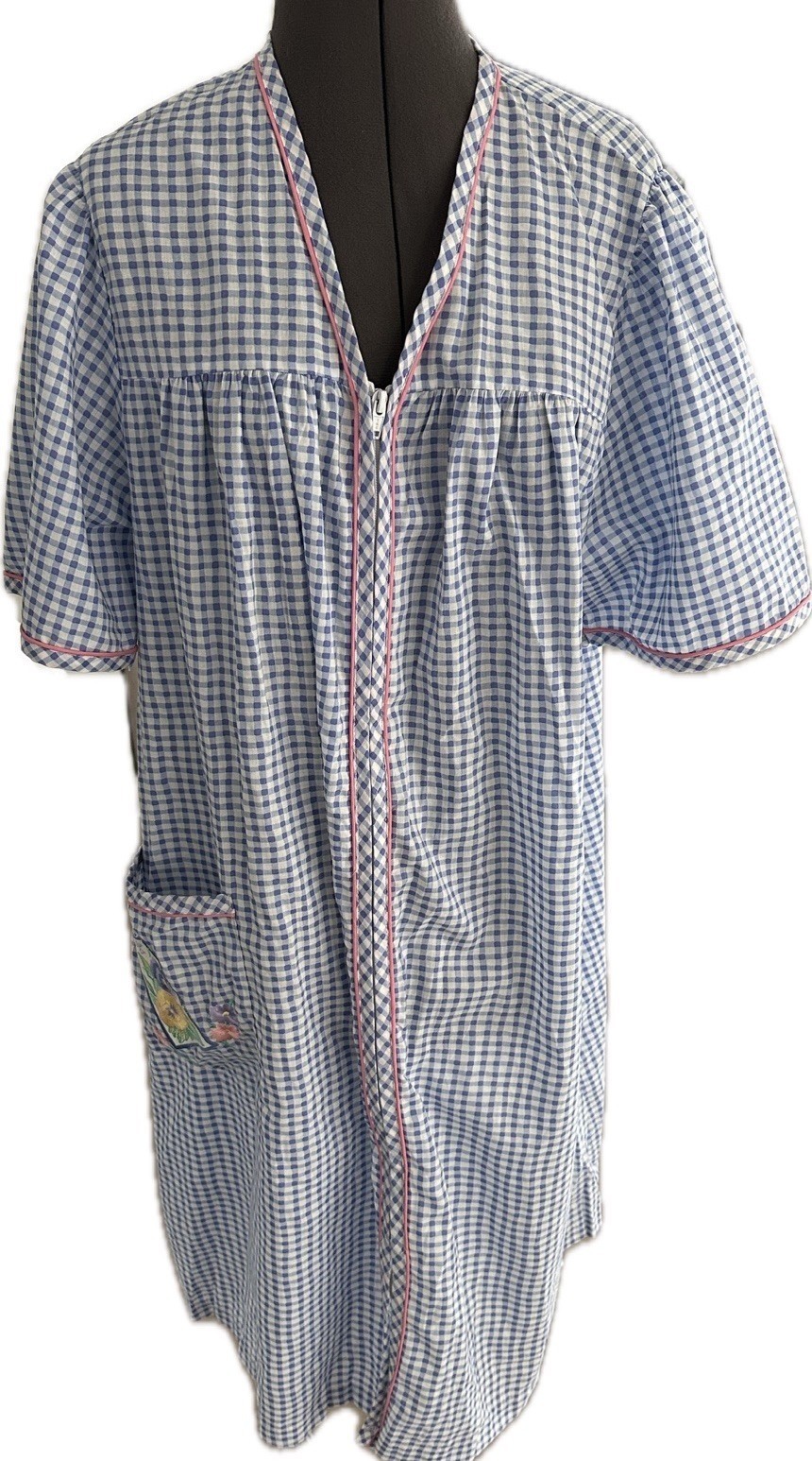 Vintage Crowntuft Housecoat Robe Dress Plaid Blue Full Zip Floral L Cottagecore