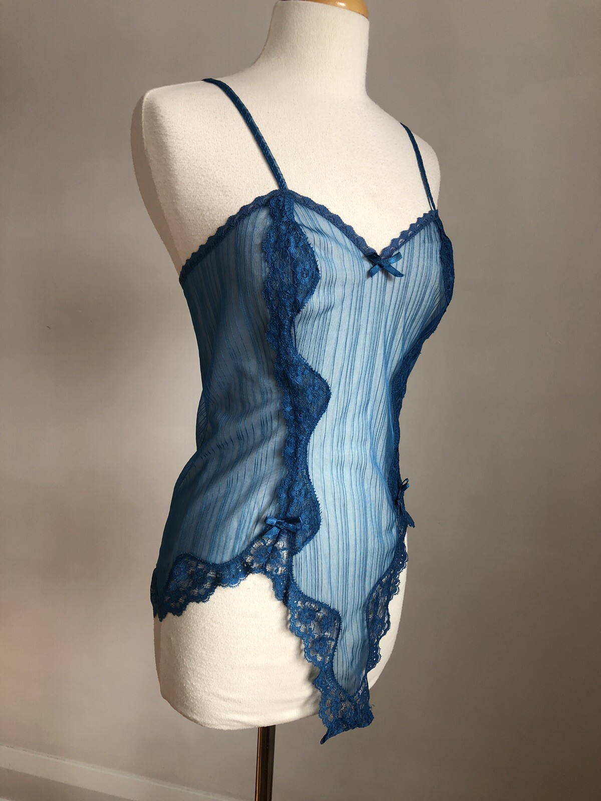 STUNNING VTG BLUSH Blue Chiffon Nylon & Lace Teddy Romper Lingerie SZ M