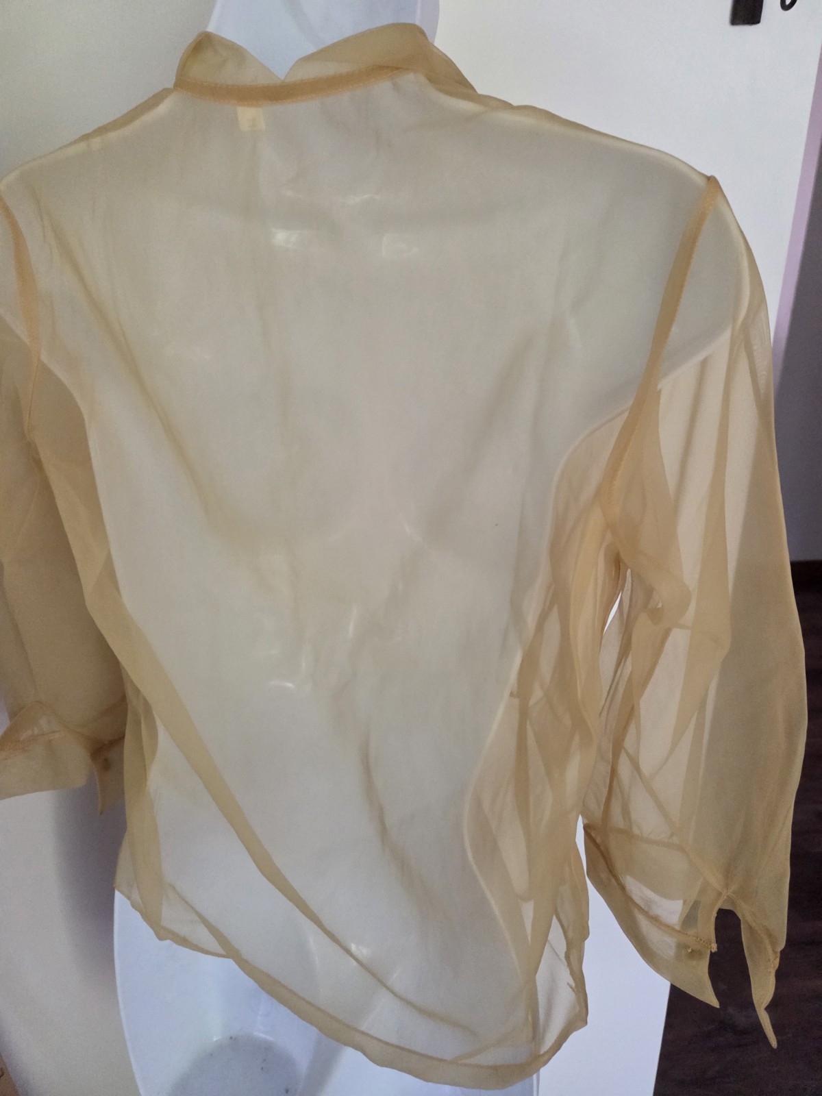 VTG 50’s Sheer Nylon Blouse Gold Ruffle Pleat Lace w/Point Collar Pearl Buttons