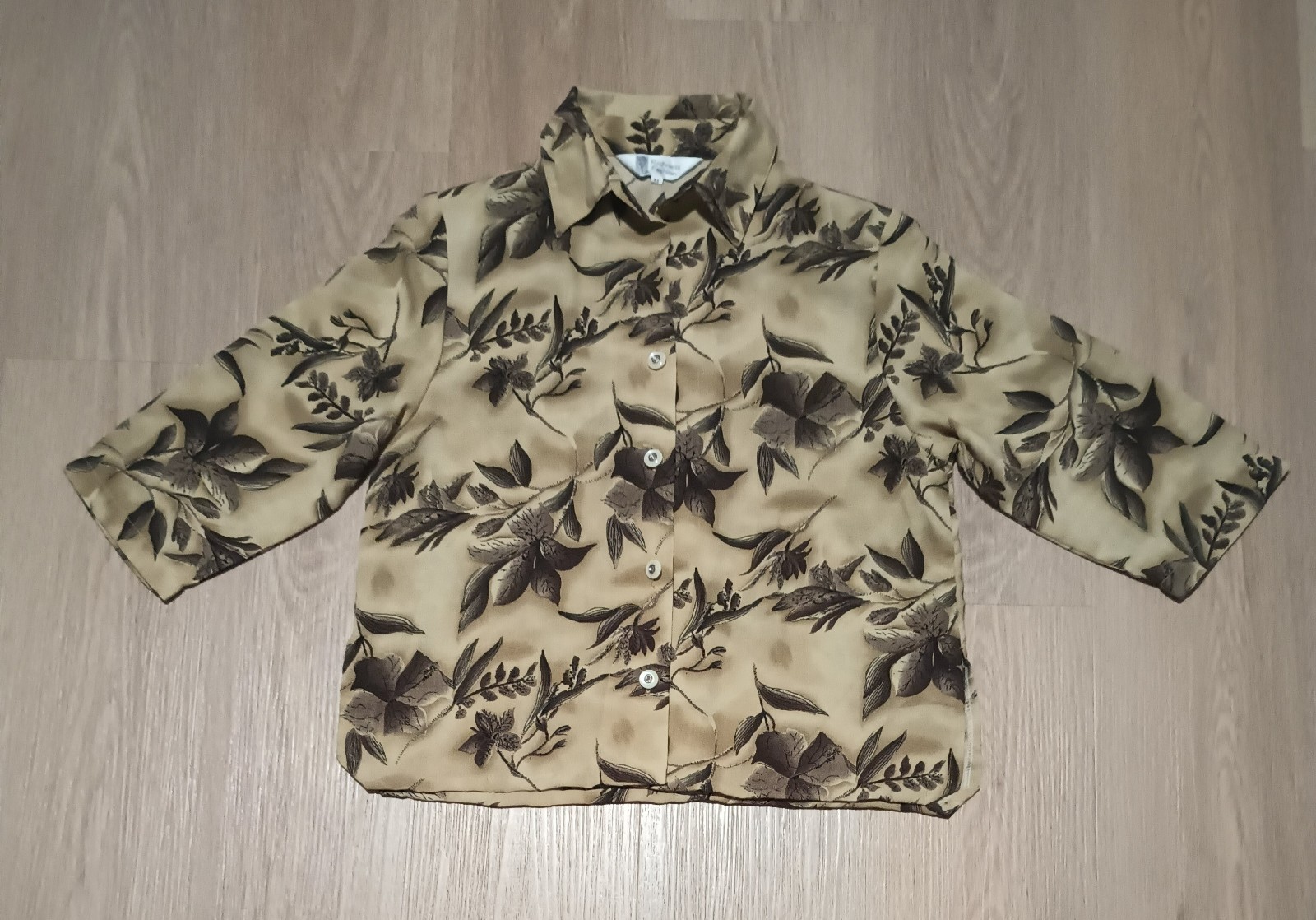 Vtg 80s Brown Floral Cropped Half Sleeve Button Up Blouse Top kitsch M