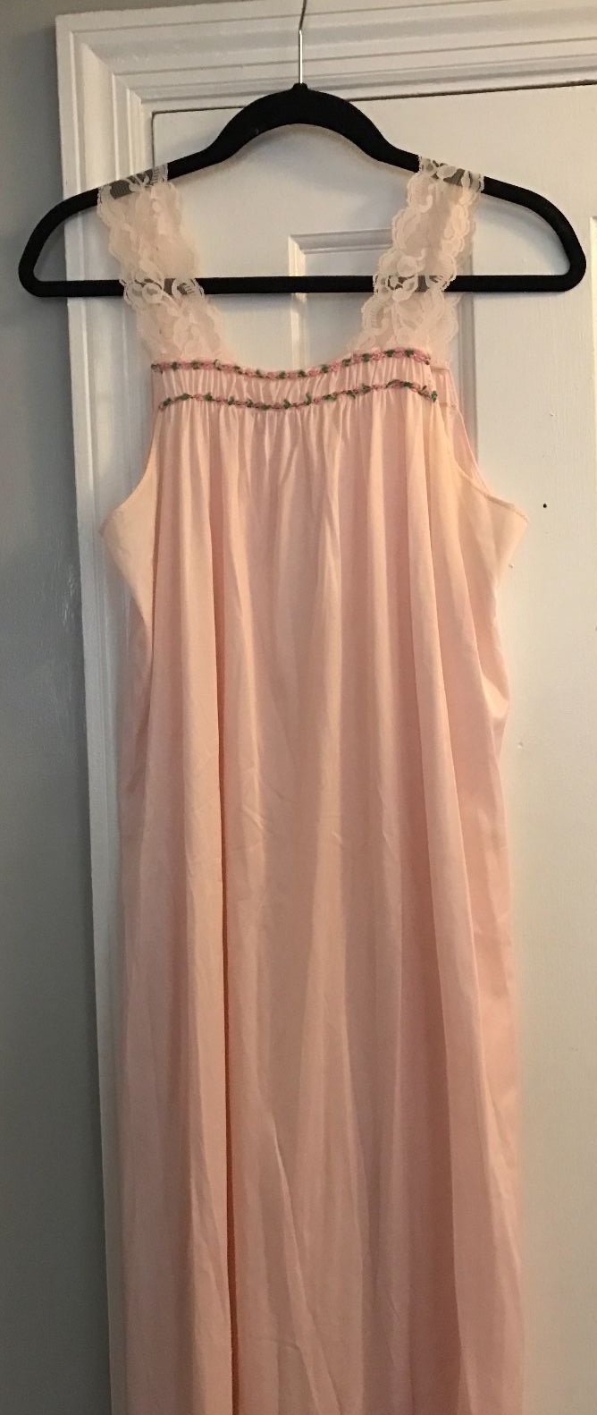 Vintage Jennifer Dale Pink Nylon Lace Strap Hem Gown Long Sz 11 IGWU Sheer