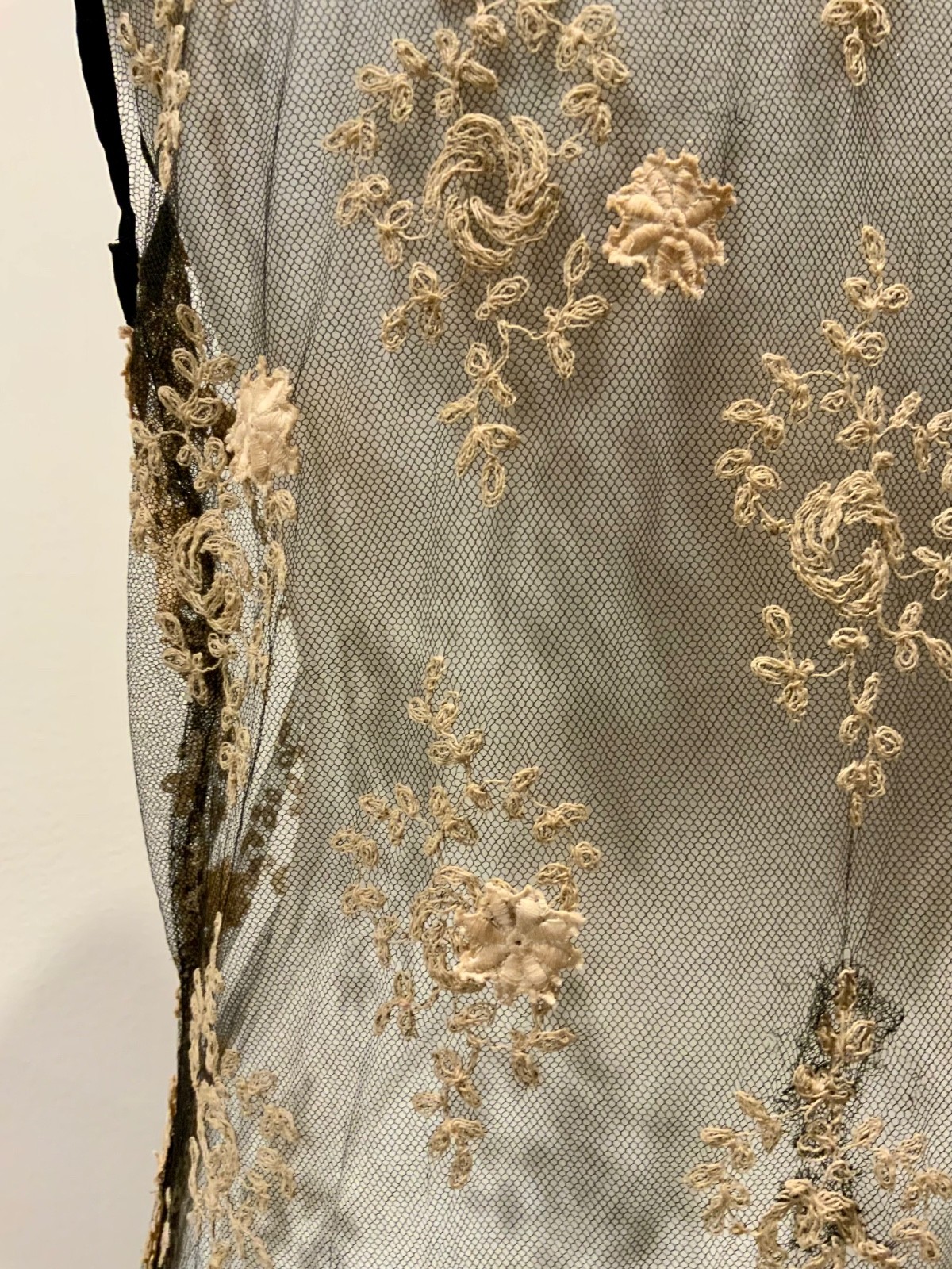 Rare 1920s French Lace Dress. Black Net & Pink Floral Embroidery. Restored S