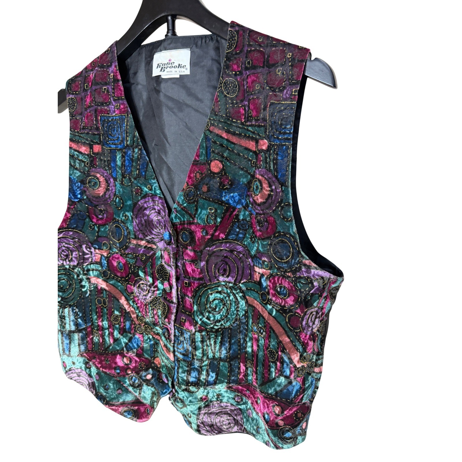 Vintage Katie Brooke Velvet Abstract Geometric Vest Multicolor Size 12 Made USA