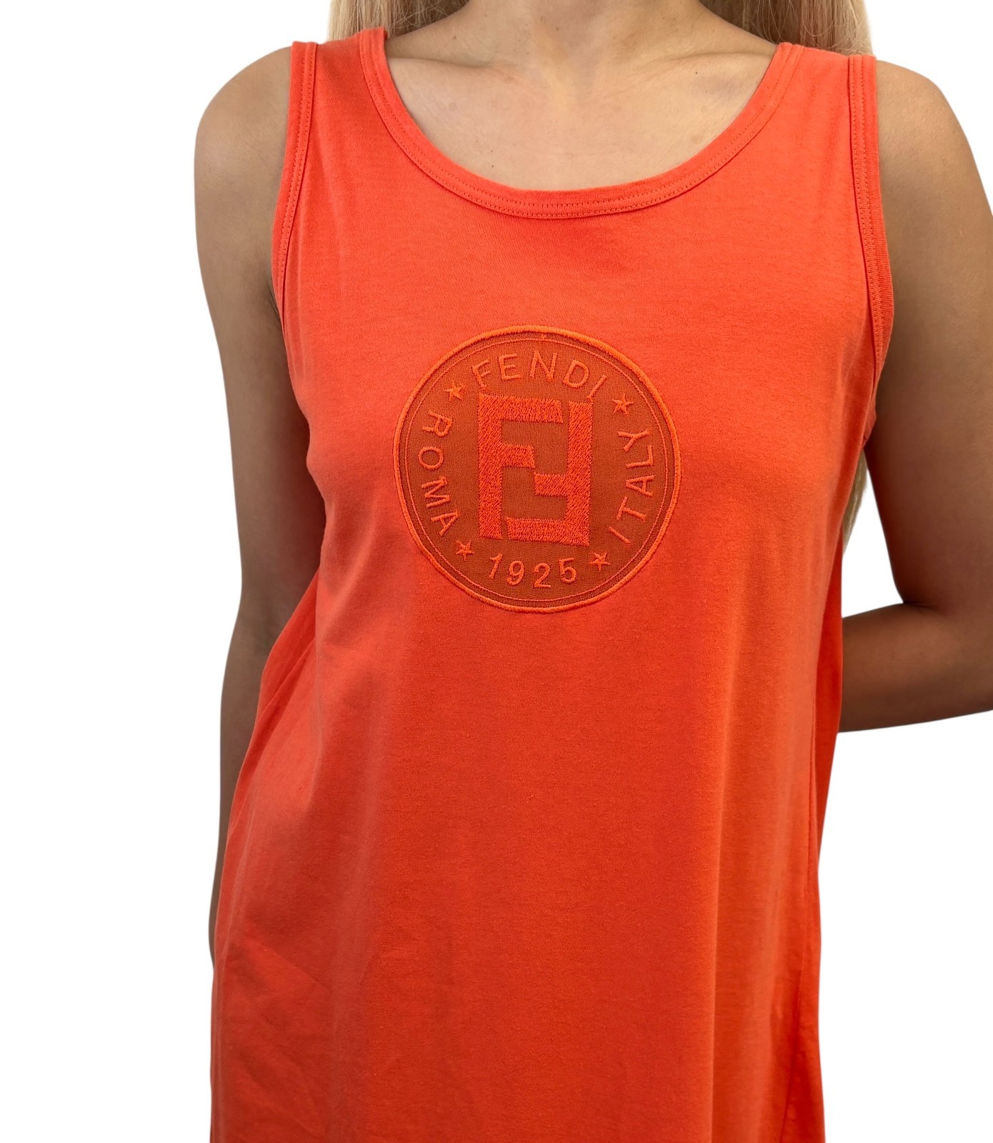 FENDI Vintage FF Logo Embroidered Sleeveless Tank Maxi Dress #38 Orange Cotton