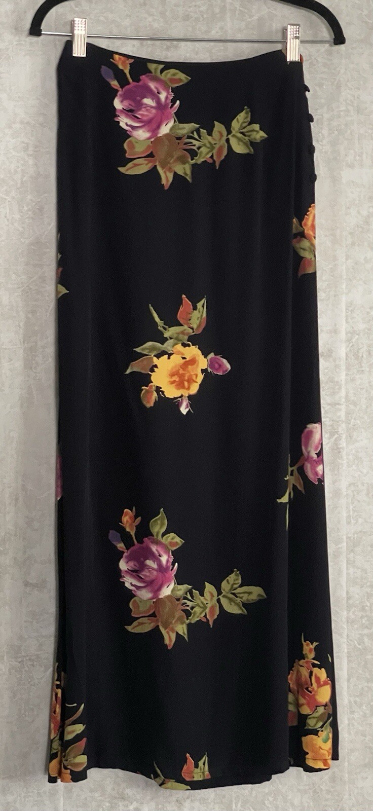 VTG Pamela.B Button Up Blouse/Side Button Blk Floral Maxi Skirt Set Size 6.