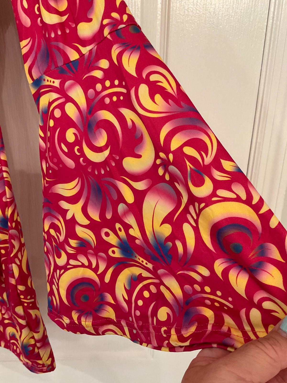 70’s Print Dress Orange/Red Long Flare Sleeves Zip Back w/Headband size M/L