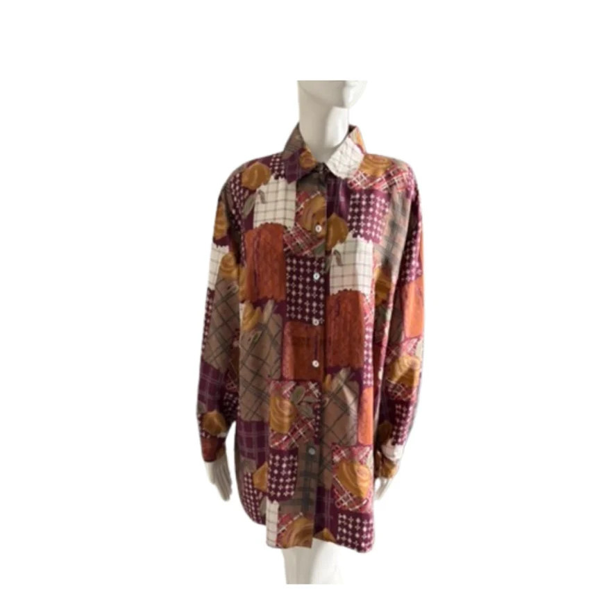 Patchwork Print Shirt Blouse Burgundy Multi Size 16 – Vintage