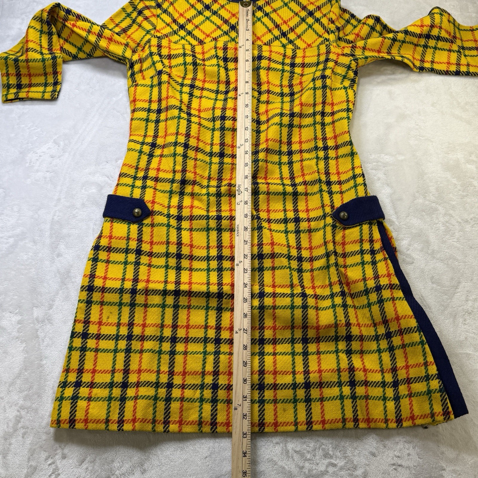 Vintage 60s 70s Parfait Originals Plaid Mod Dress Yellow Wool Disco MCM