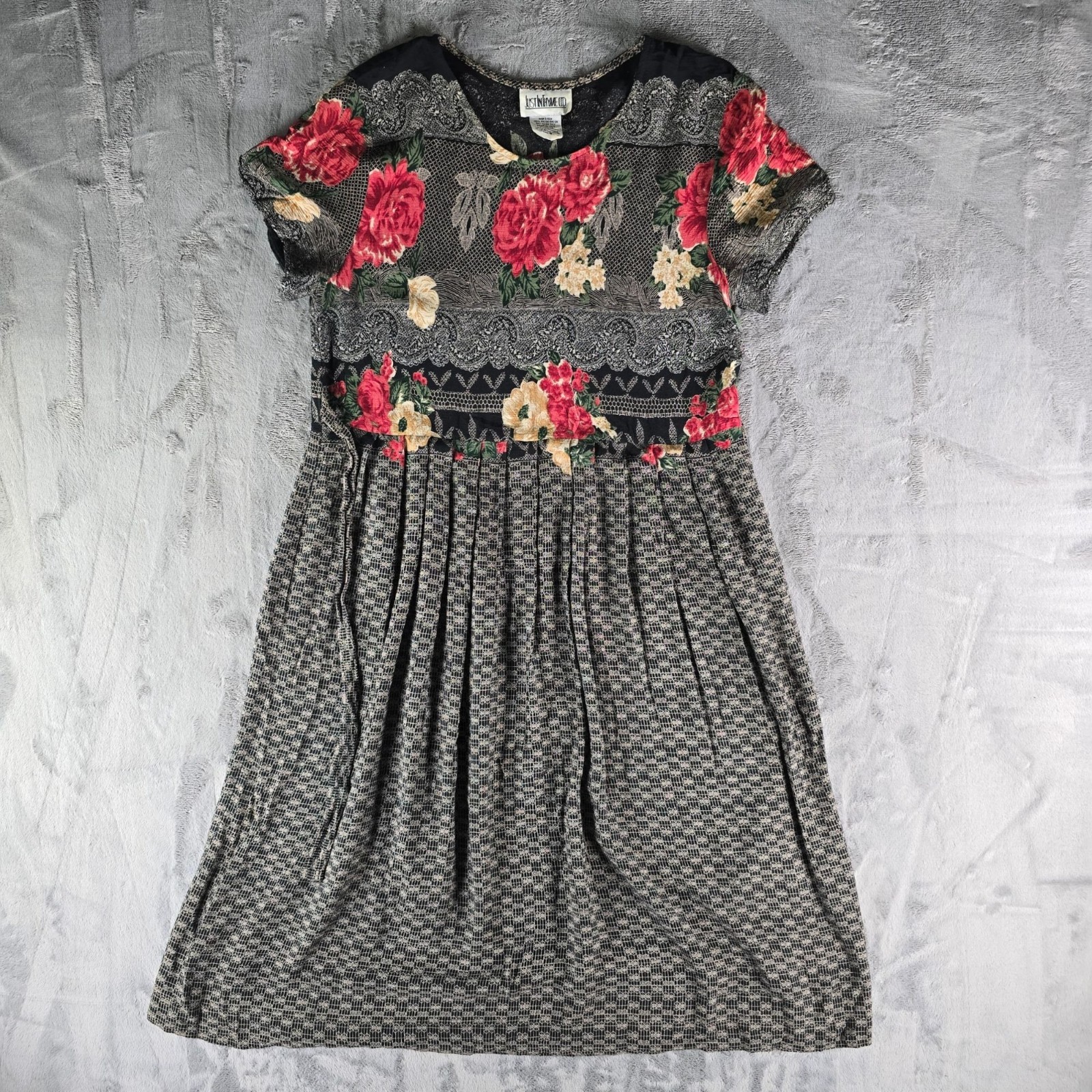 Vintage 1990s Just in Thyme Rayon Black Floral/Lace Print Prairie Dress (8/M)