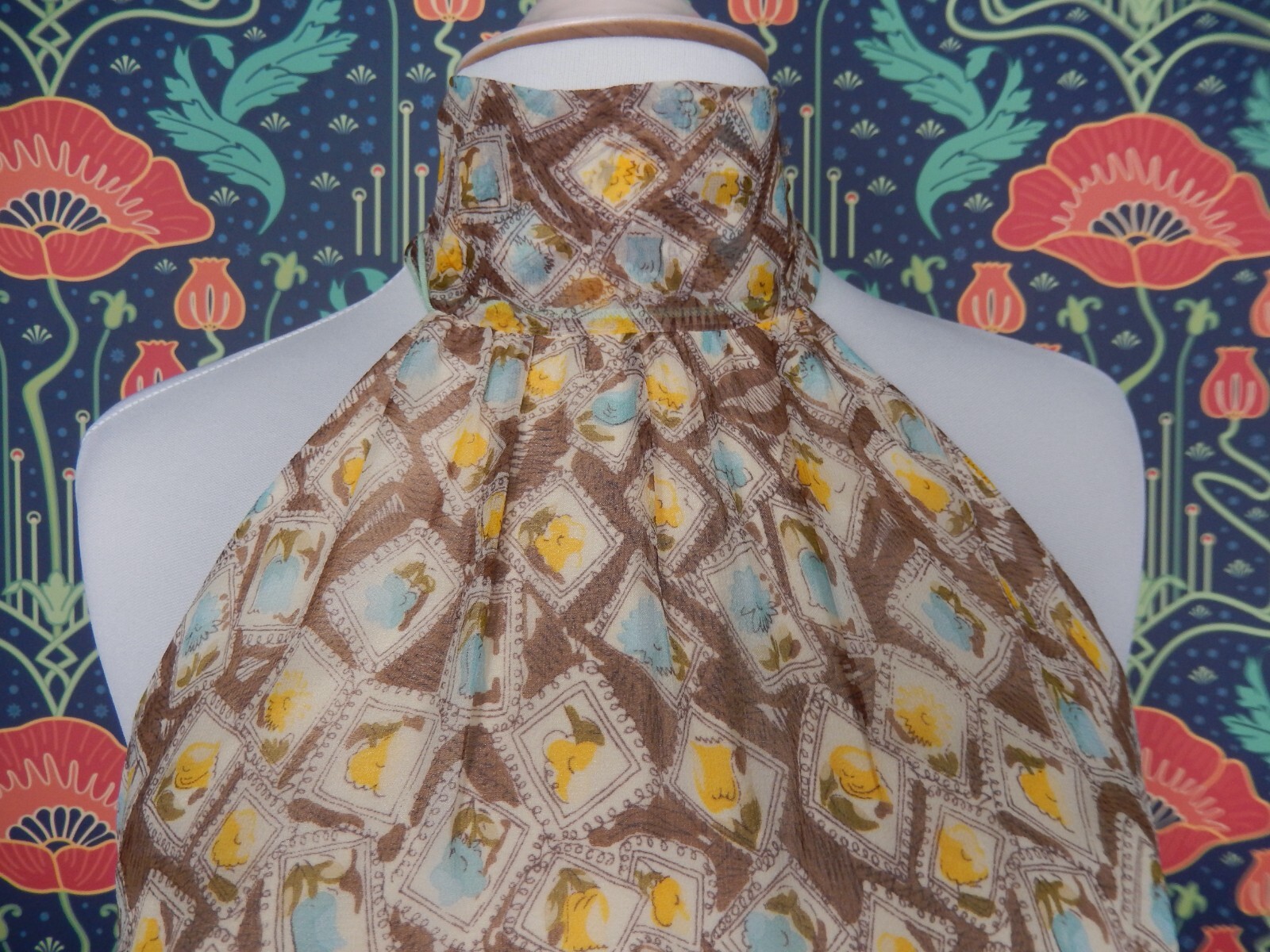 Vintage 90’s Y2K Brown Yellow Blue Romantic Silk Chiffon Femme High Neck Dress