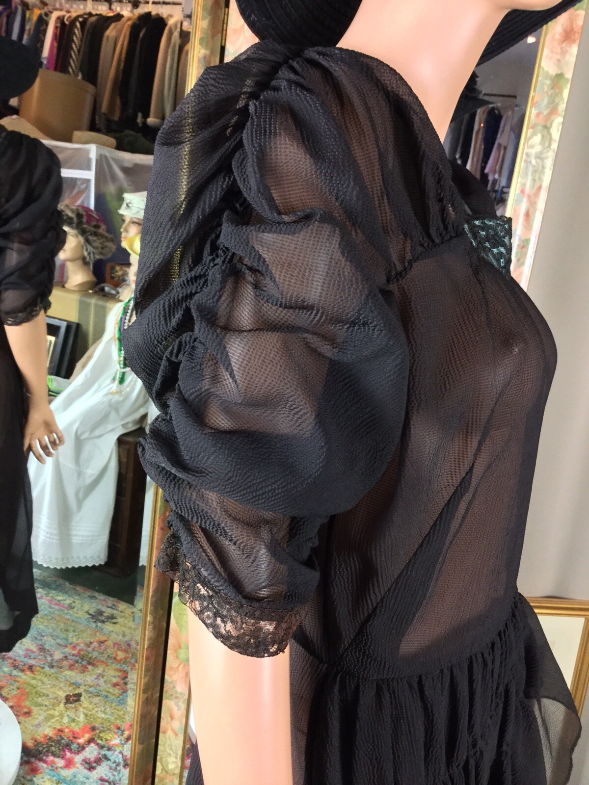 Vtg 20s Black Sheer Dress Sz 10 Layered Front Flapper Style Square Neck 36” Bust