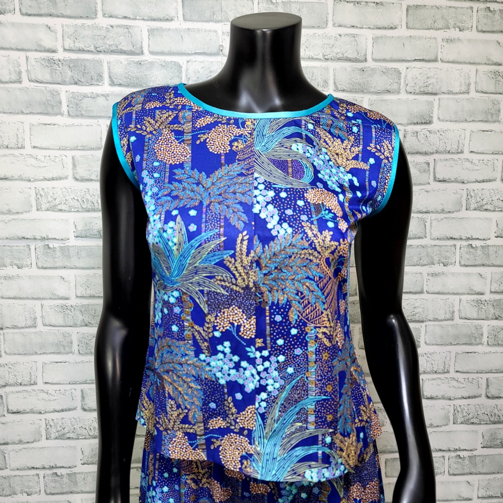 Vintage 70s Blue Tropical Print Pant Set Womens M Lounge Resort Mod 2 Piece USA