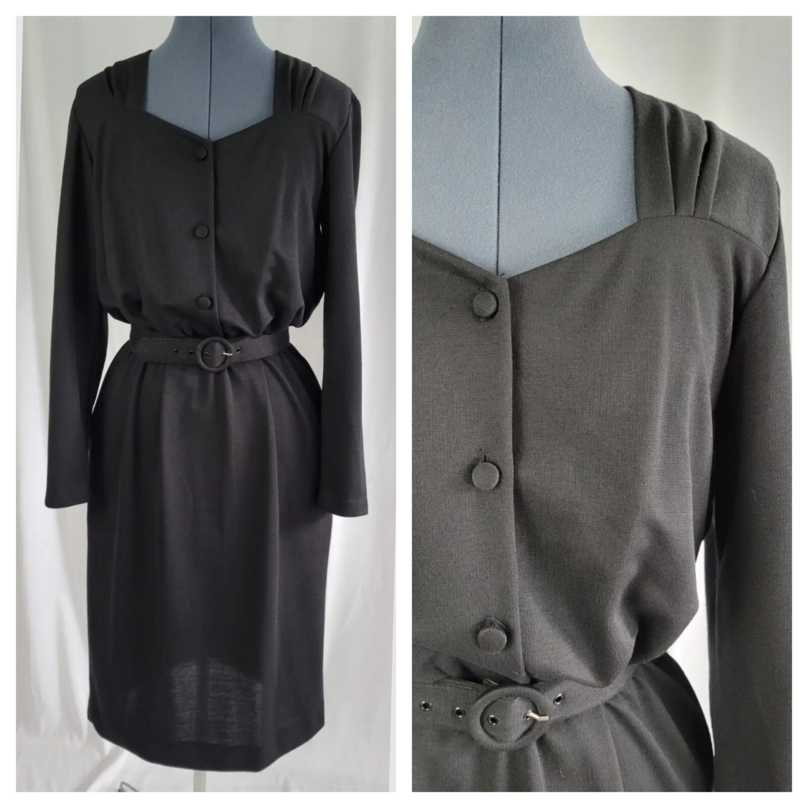 Vintage Willow Ridge Black Dress with Button Down Bodice and Matching Belt Sz 10