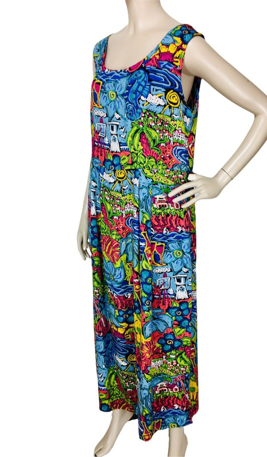 Vintage 80s Kahala Colorful Abstract Floral Sleeveless Hawaiian Maxi Dress