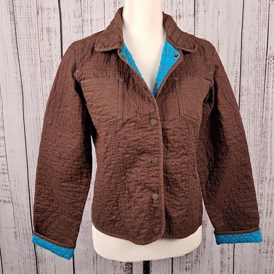 Vtg 90s OLEG CASSINI Weekend S Quilted Jacket Brown Turquoise Snap Front Cropped