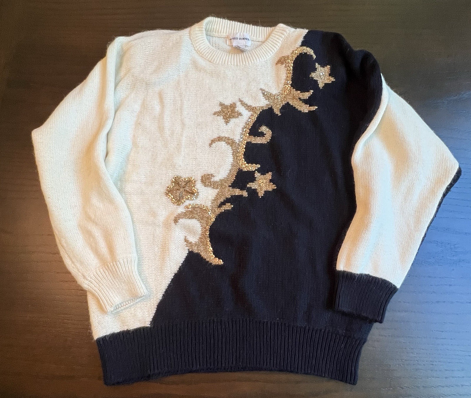 Vintage Alfred Dunner Sweater L Black Cream Gold Sequin 80’s Shoulder Pads Lrg