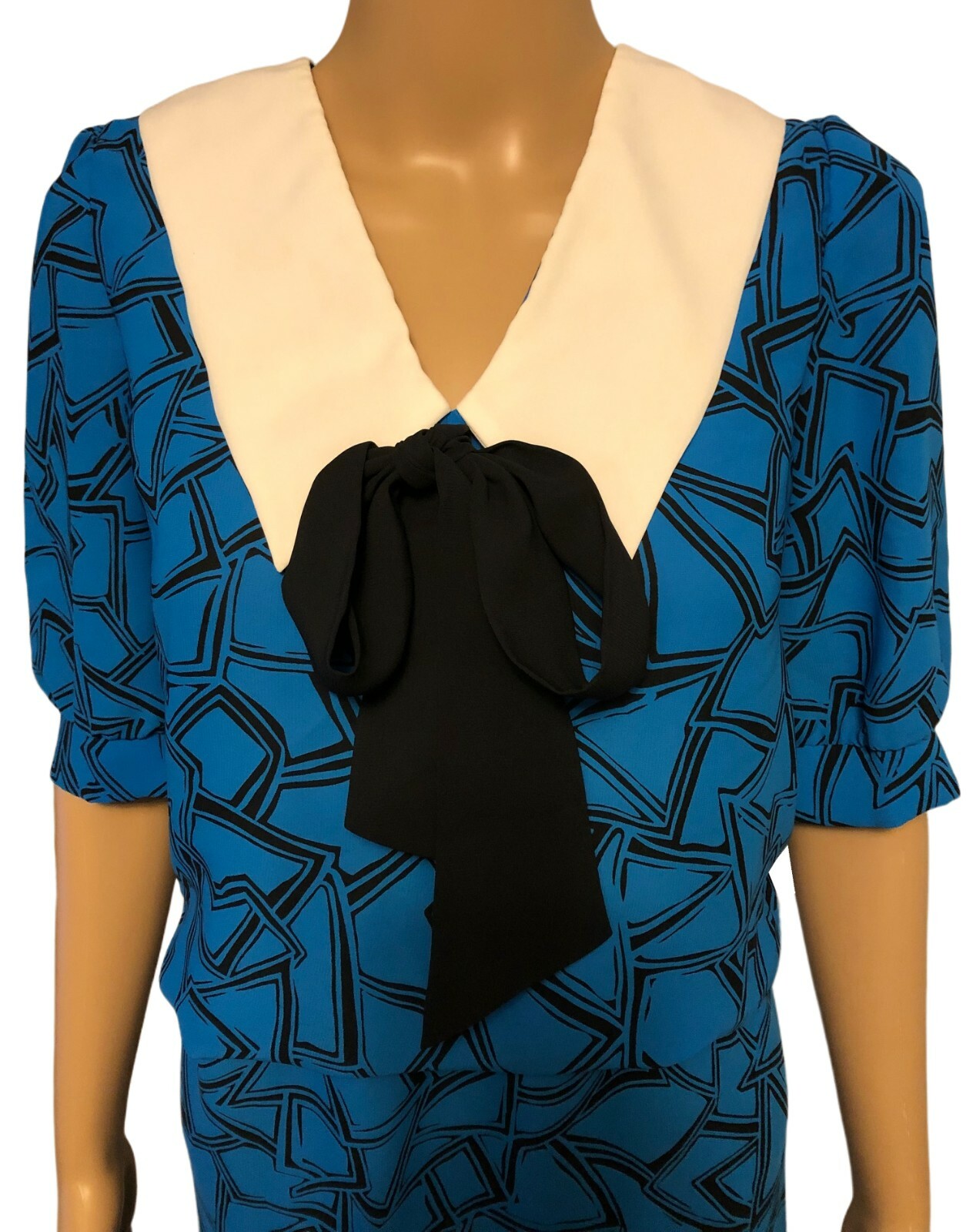 vtg J.B. Too Teal Secretary Tea Dress Sz 8 Oversized Collar with Bow 80s 90s