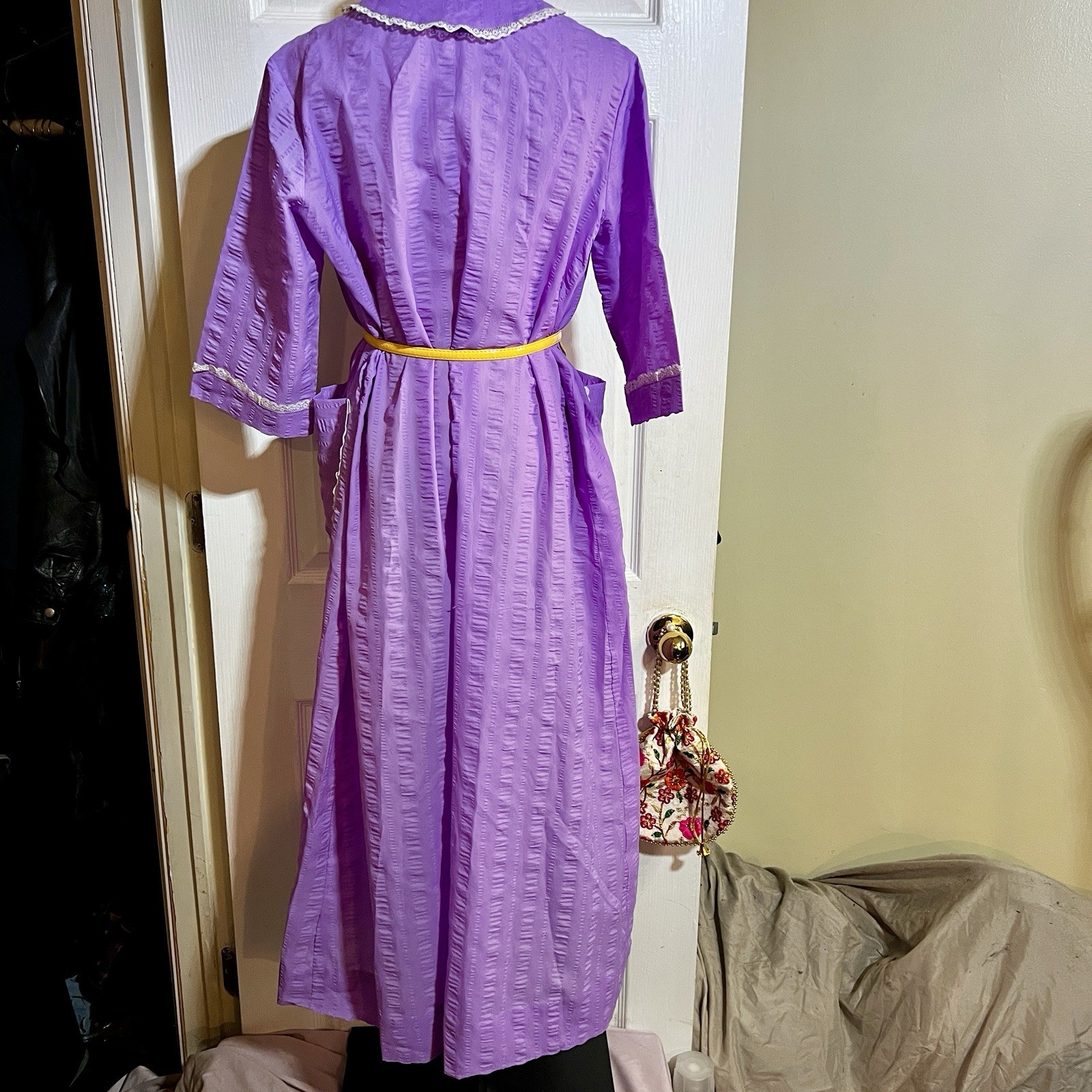 Vintage Wms Lavender Lace Trim Crepe Knit Grannycore Retro Preppy House Dress L