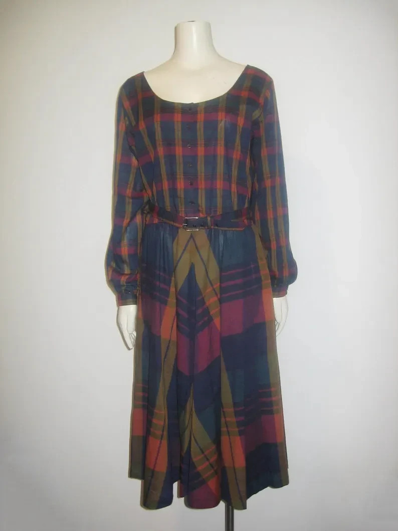 VTG John Henry Multicolor Chevron Stripe Plaid Long Sleeve Scoop Flared Dress 10