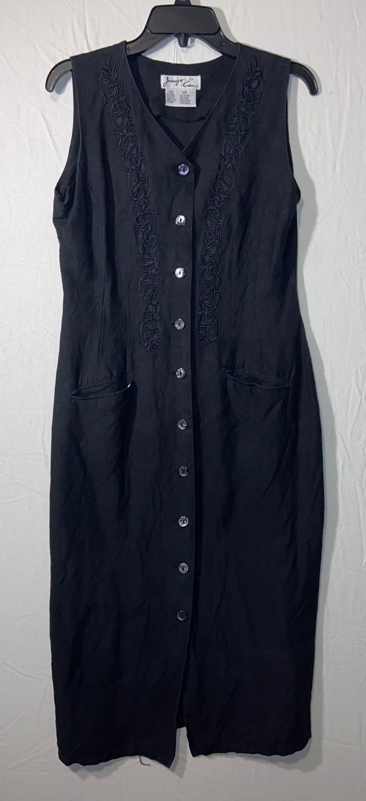 Vintage 80s Jennifer Eden Black Sleeveless Full Frnt Button Maxi Dress Floral…
