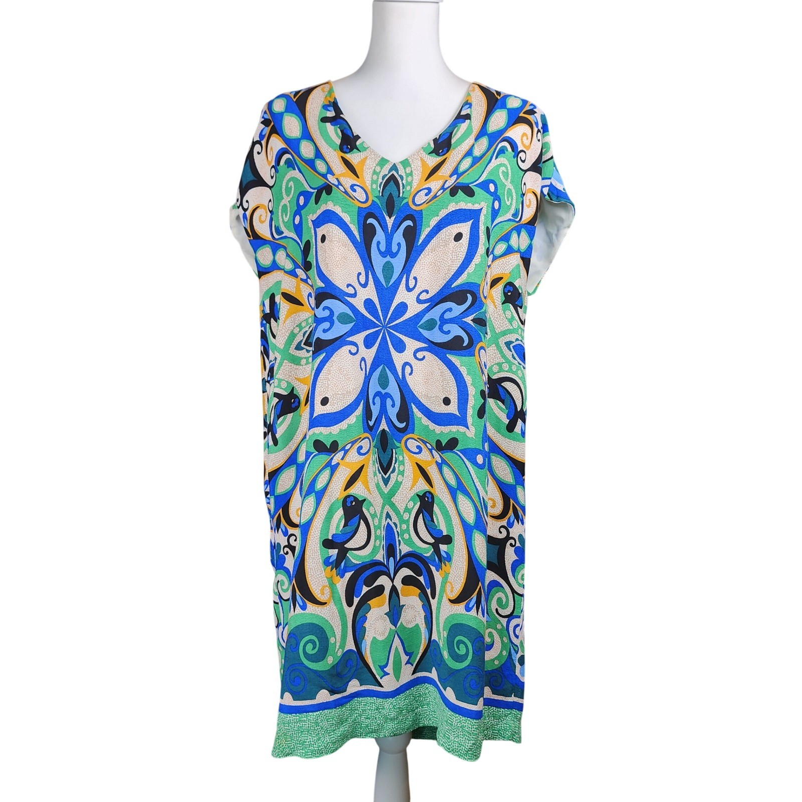 Anthropologie Maeve Folksong Shift Dress Womens XL Blue Green Bird Floral Casual
