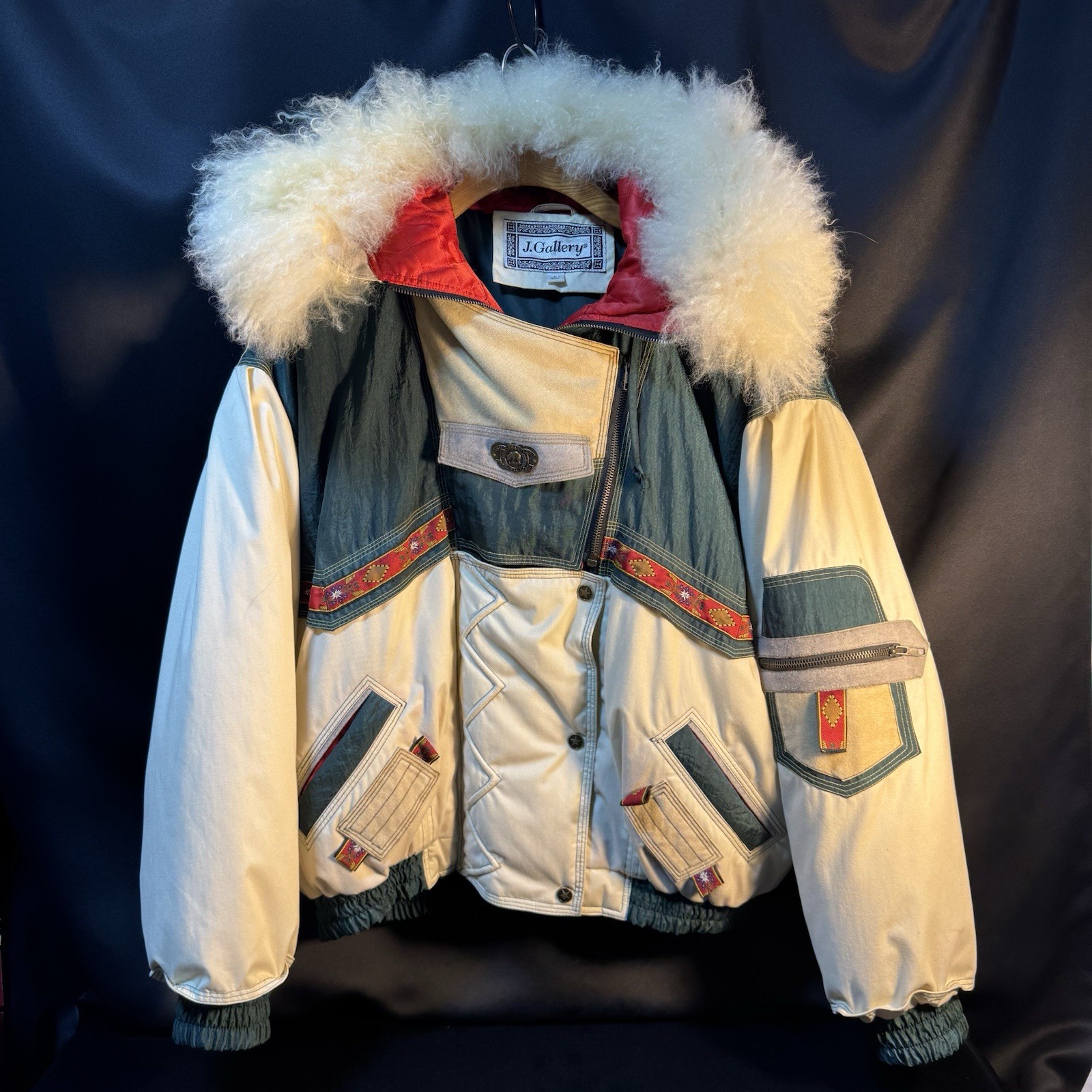 Vintage National Park J.Gallery Colorful Bomber Jacket Mongolian Lamb Fur Trim L