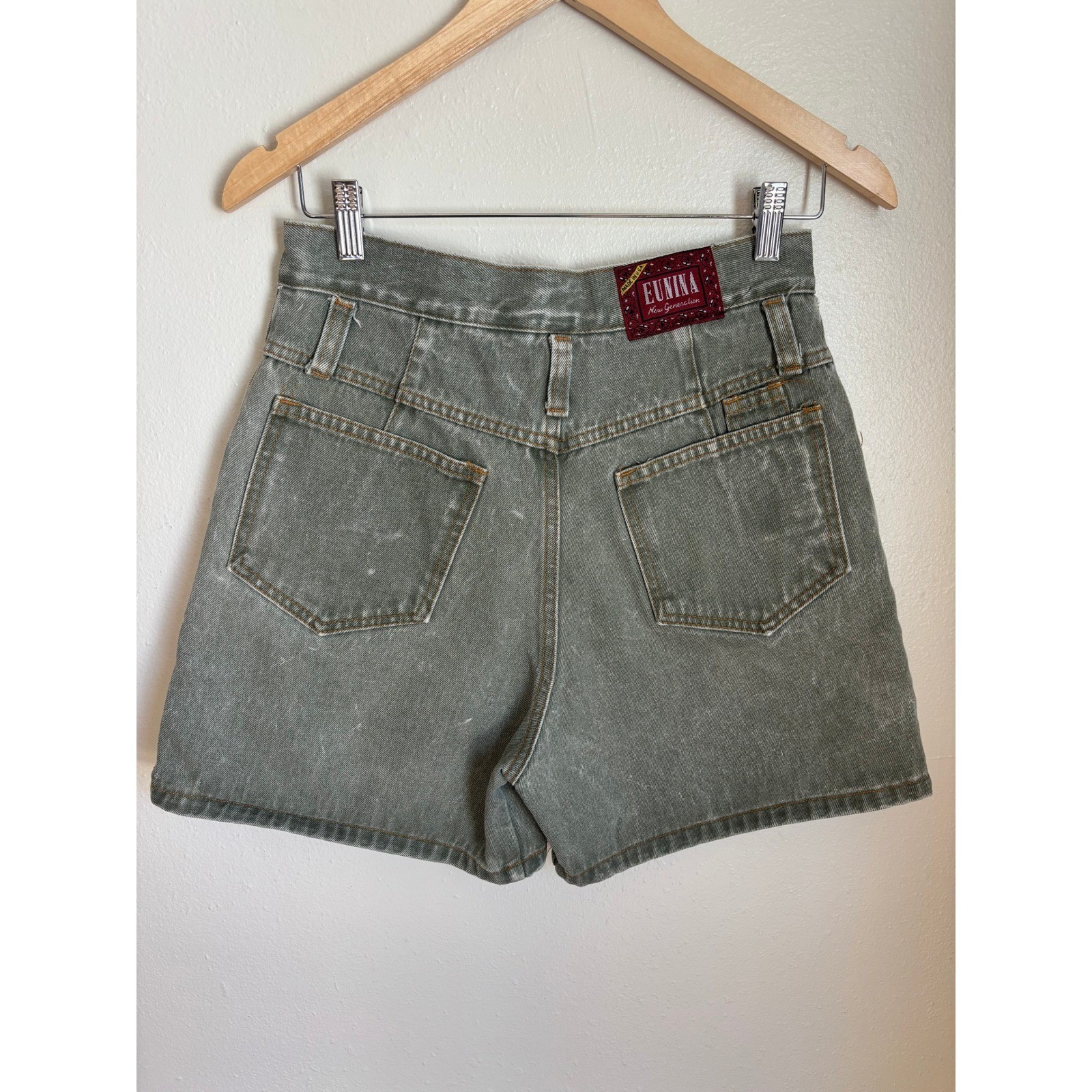 Vintage Eunina New Generation High Waisted Olive Green Denim Shorts Made in USA