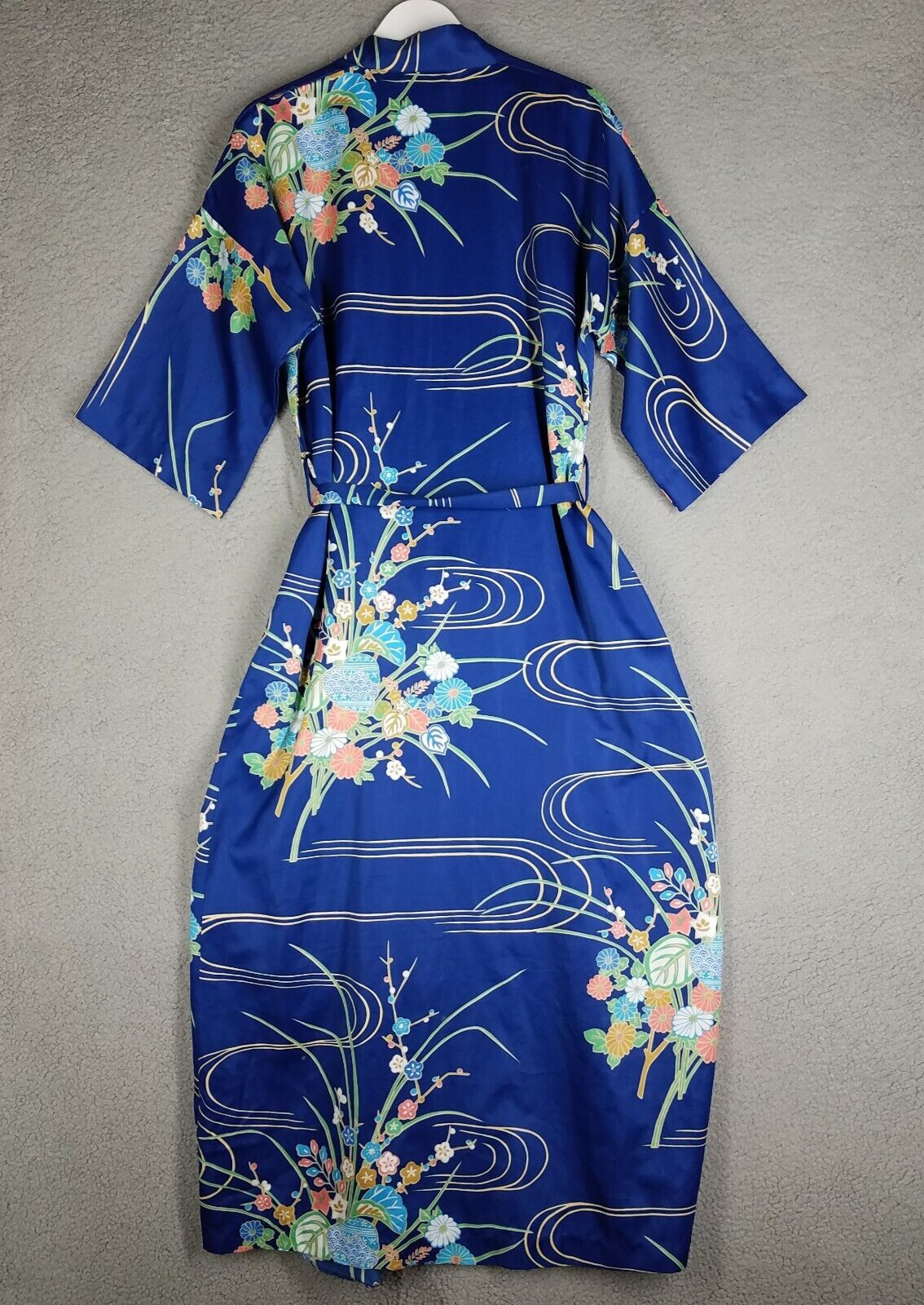 Vintage Japanese Kimono Robe Womens Large Satin Floral Garden Made In Japan Blue