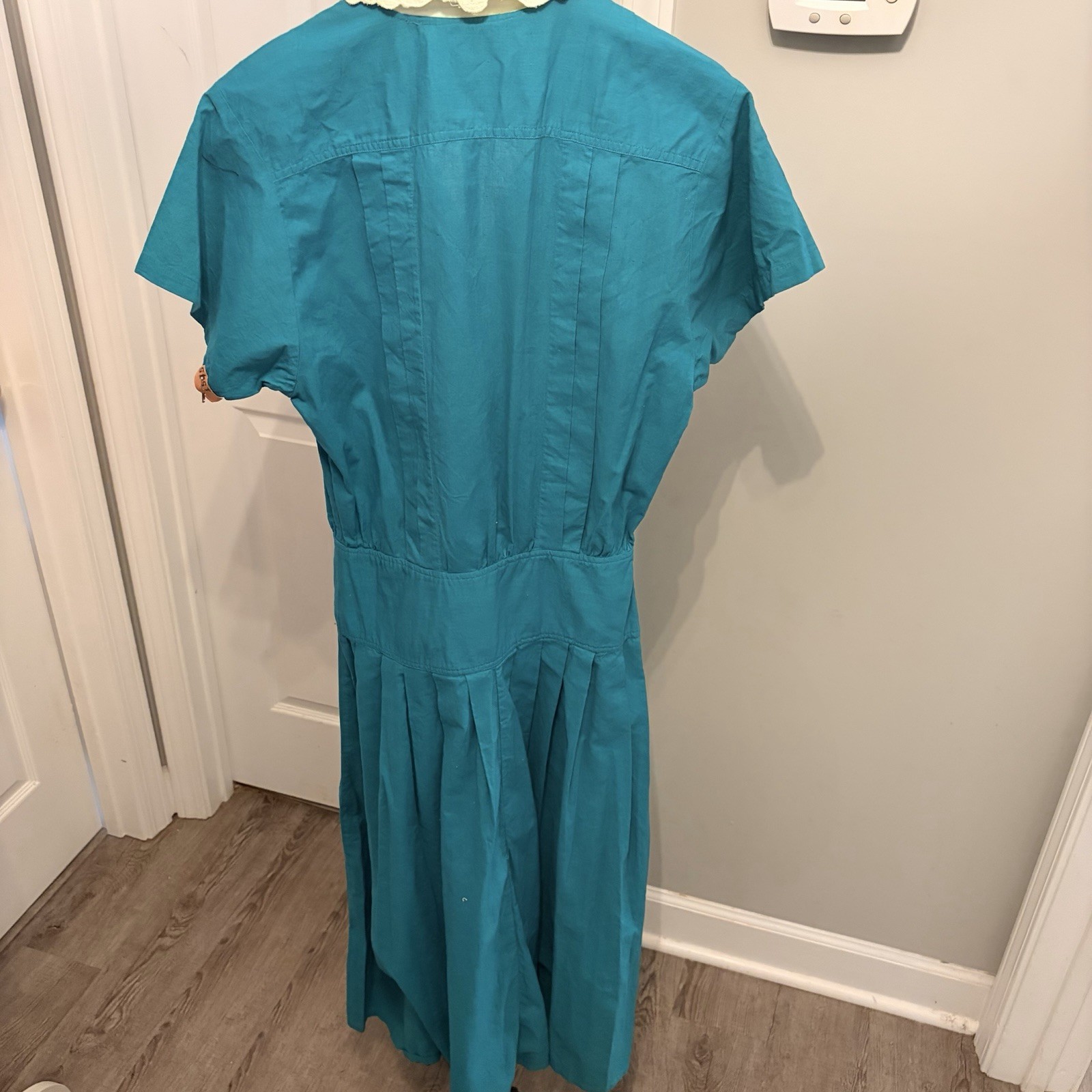 Vtg 80s Moonglow Teal Cotton Pleated Dress Lace Collar Timeless Rockabilly Med