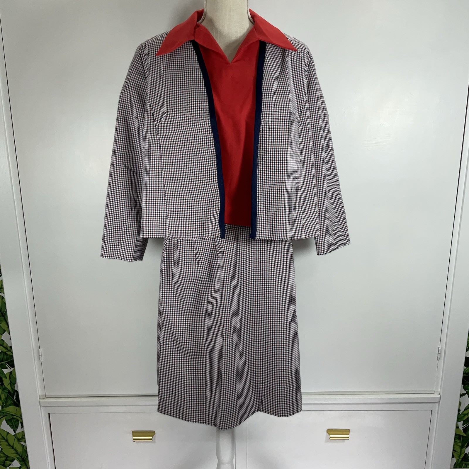 Vintage 60s 70s Handmade Womens 3 Pc Skirt Suit Red White Blue Plaid Gingham Mod