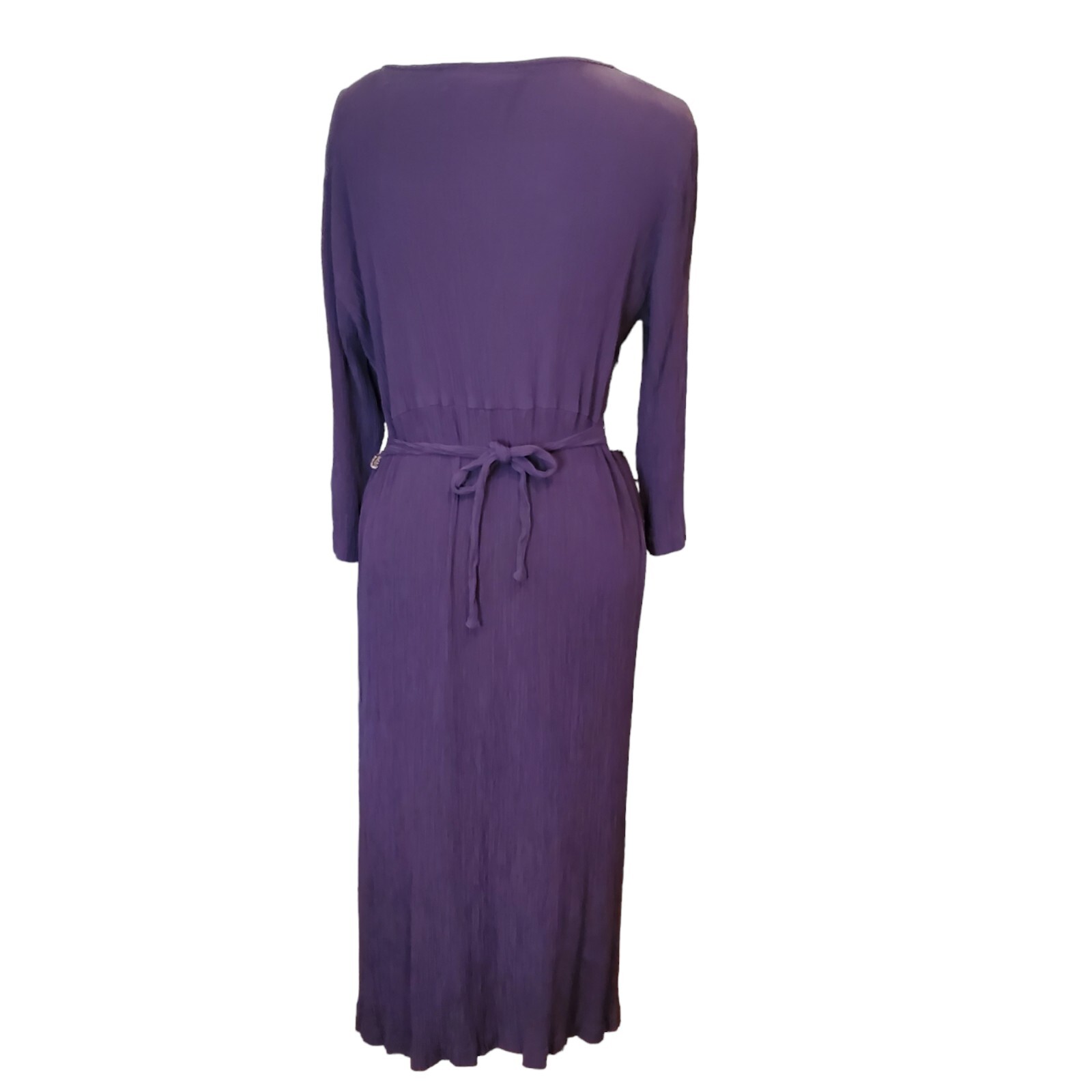 Vintage 90s Purple Empire Waist Midi Dress Gold Embroidery Crinkle Skirt XL 16