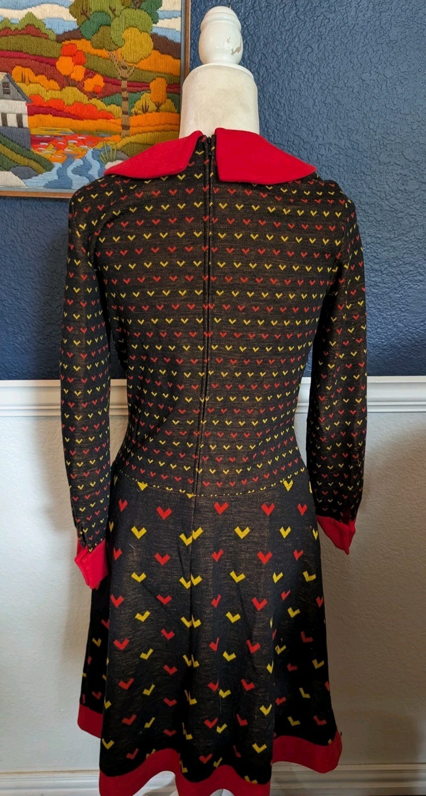 VTG Unbranded Peter Pan Collar Fit Flare Dress Brown Heart Sz Small S