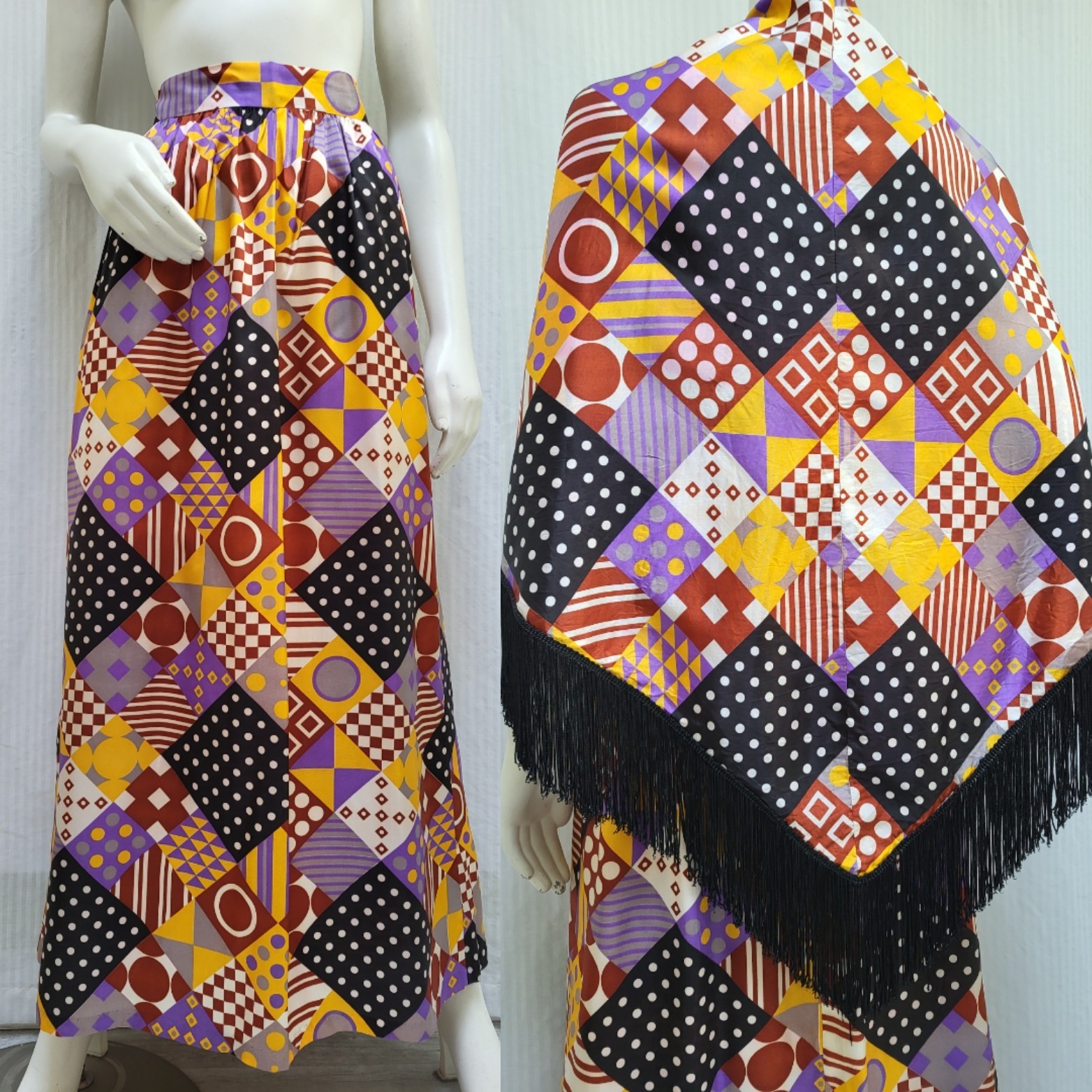Vintage 1960’s Mod Geo Dot Print Maxi Skirt + Fringed Shawl – Waist 27″ – EUC