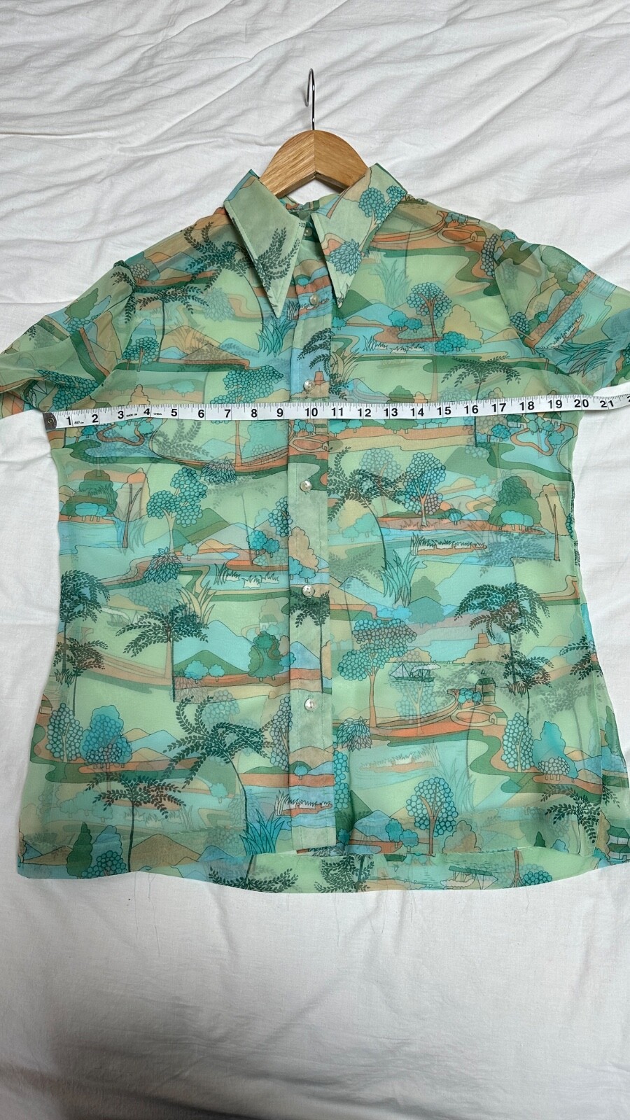 Sheer Button Down Shirt Aqua Dreamy Print Elegant Leisure Translucent Retro (M)