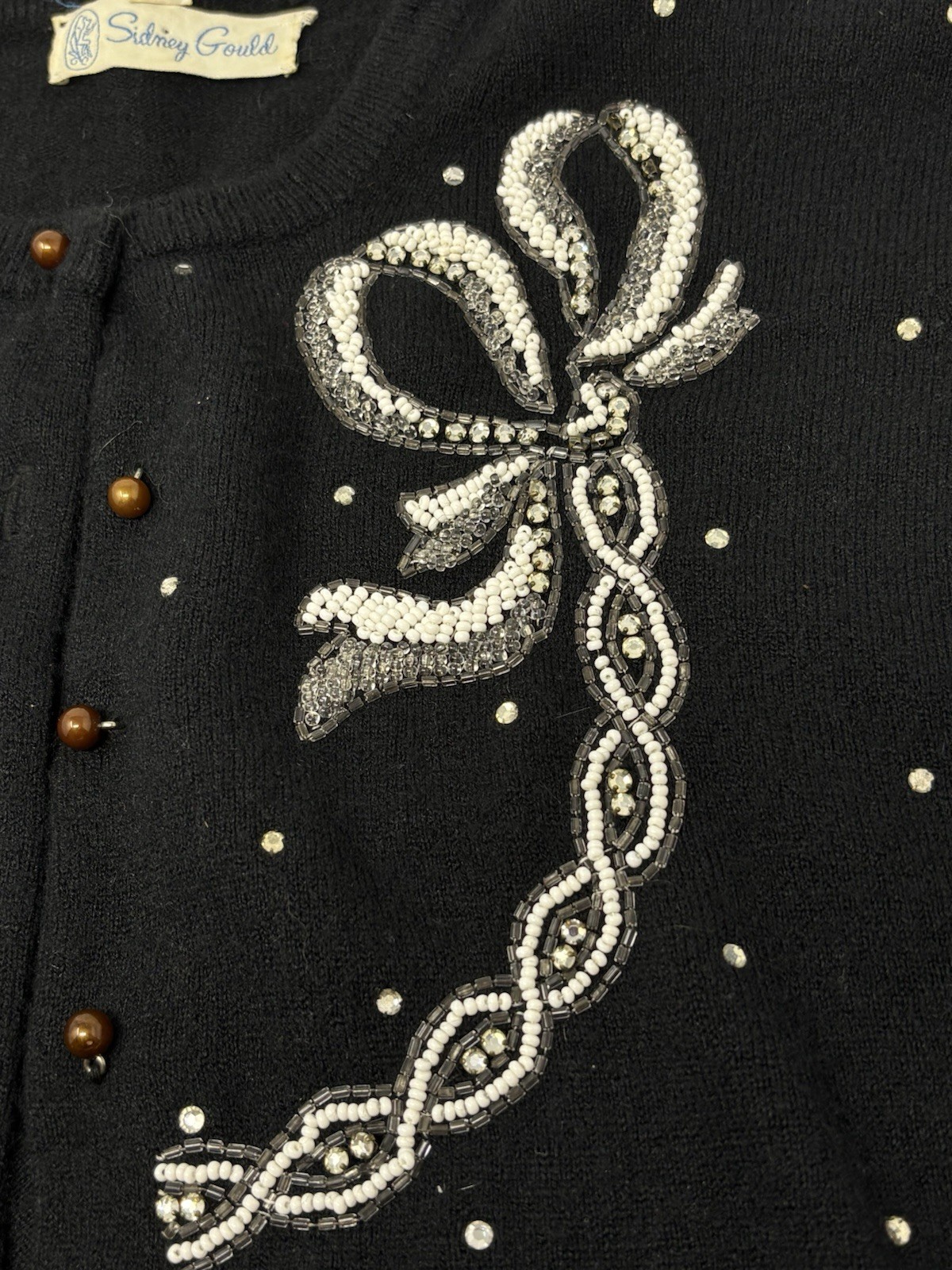 Vintage 1950’s Beaded Cardigan Sweater Black Med 38 Rhinestones Retro Gould