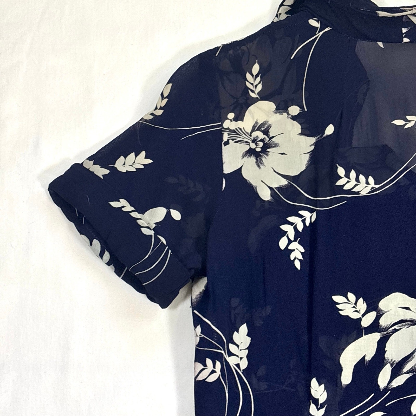 Vintage 1940s Silk Chiffon Shirtwaist Dress Navy Blue Tropical Floral Print