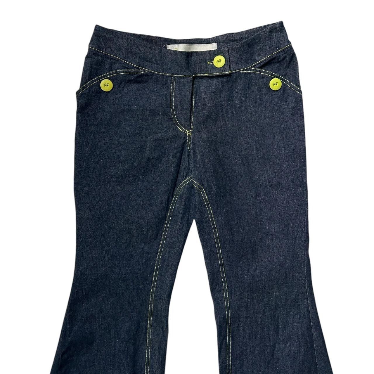 90s Y2K Vintage Low Rise Flare Raver Jeans Theory of Forms Club Kid Dark Wash.