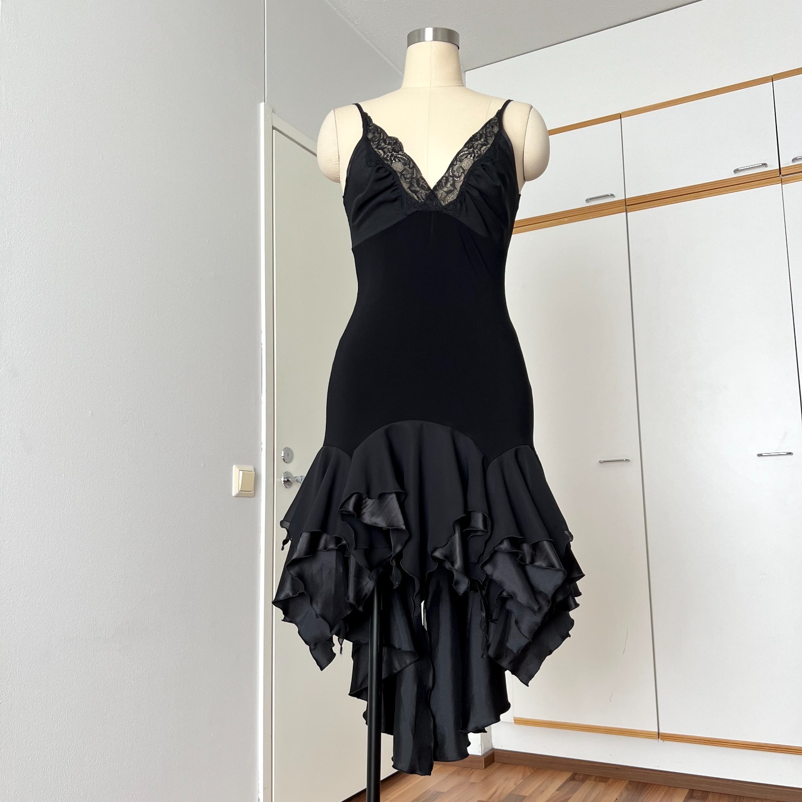 Y2K Black Whimsygoth Cocktail Dress Ruffle Hem High Low Slinky Gothic Slip Midi