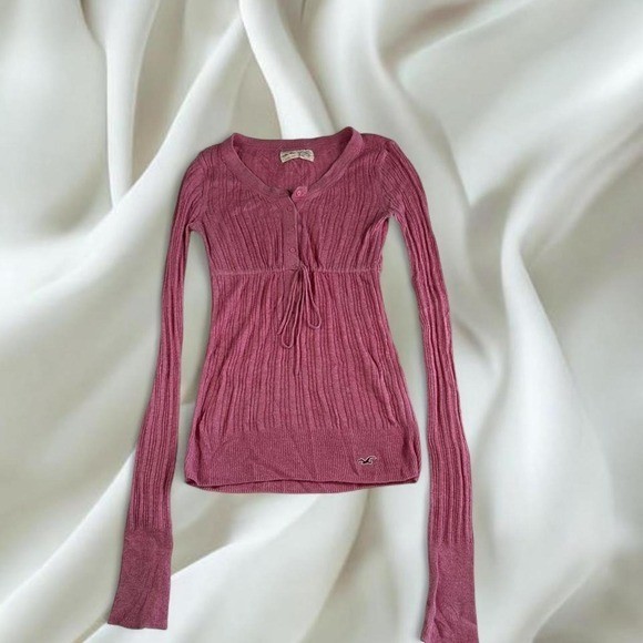Hollister pink cable knit henley babydoll long sleeve top y2k vintage mcbling
