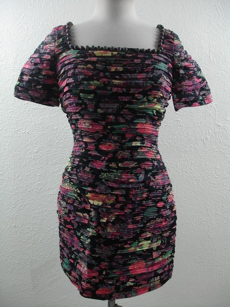 Women’s XS S sz 42 Vtg 1980’s Krizia Italy Mini Dress 100% Silk Ruched Pleated