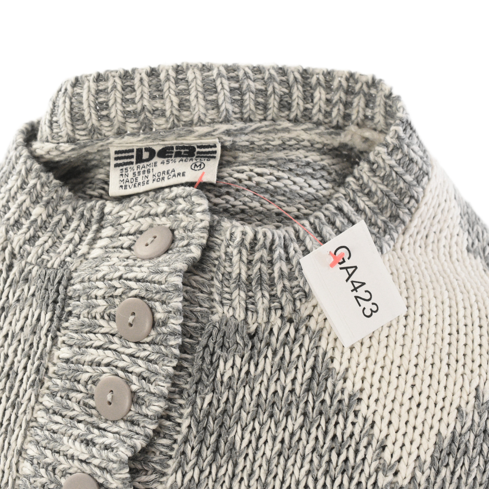 70s Vintage Gray Argyle Henley Sweater Womens M Cropped Knit Bracelet Sleeve