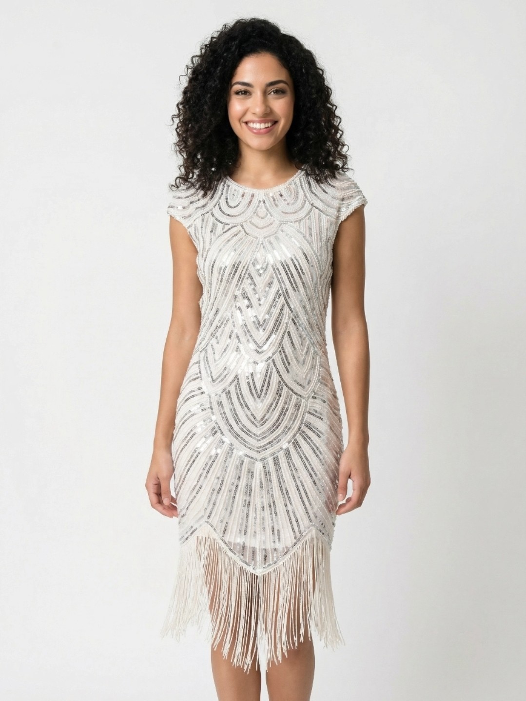 VINTAGE 60s 70s BEADED PEARL SEQUIN FRINGE FLAPPER DRESS SZ M 6 8