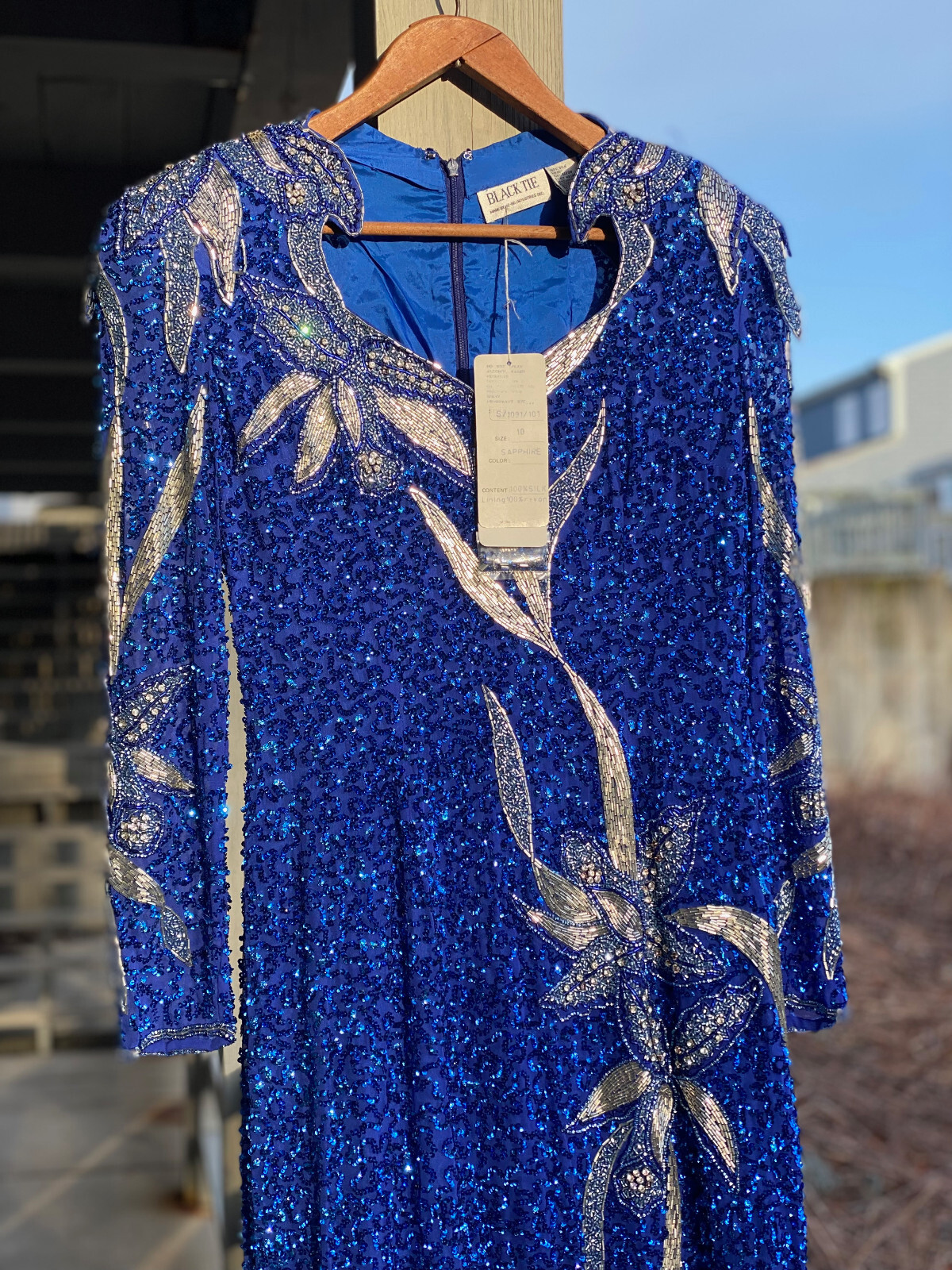 NOS Vintage Oleg Cassini Sapphire Silk Sequin Full Length Dress Size 10 w/ tags